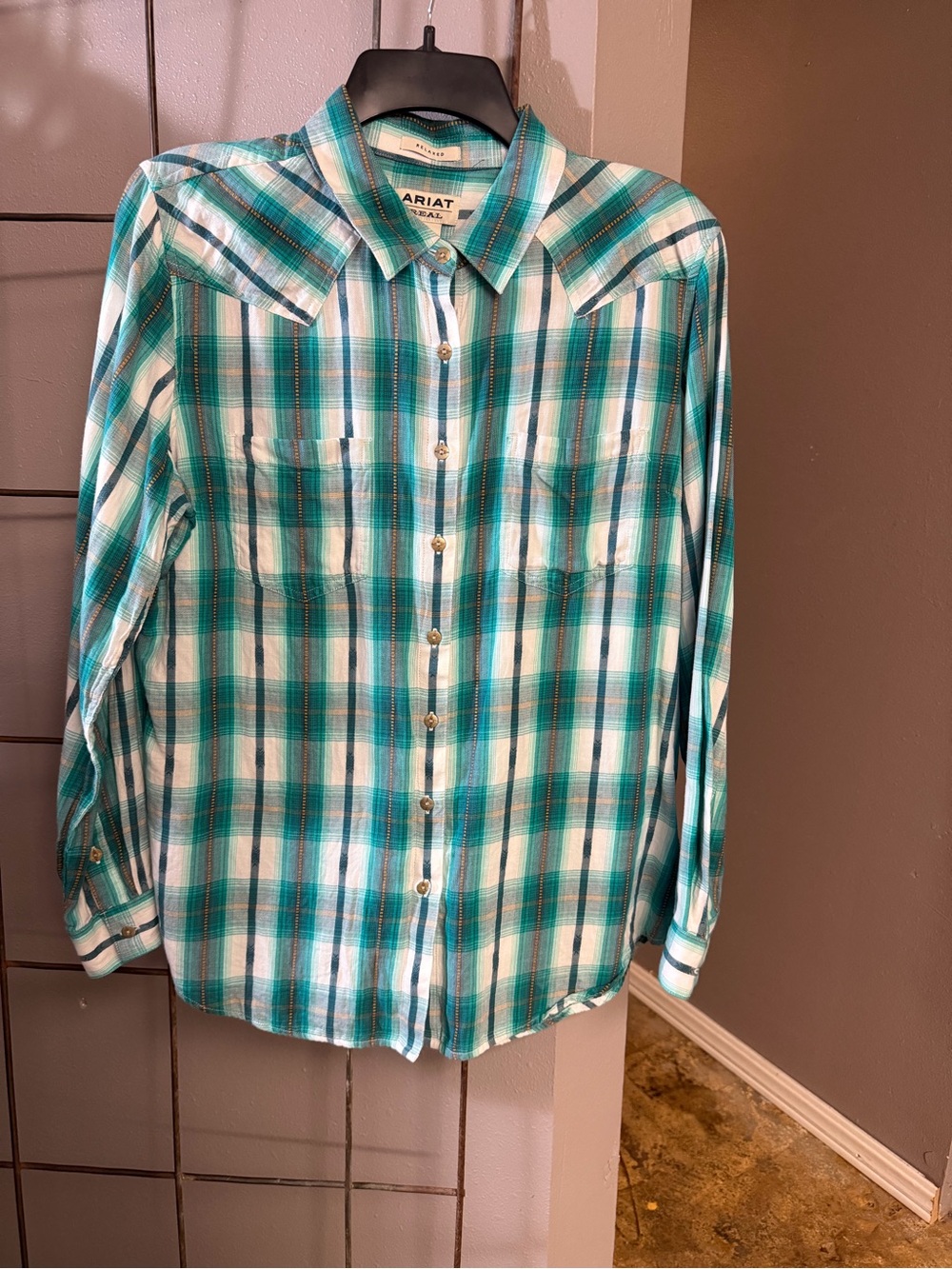 Ariat Teal and White Plaid Western Button-Front Shirt